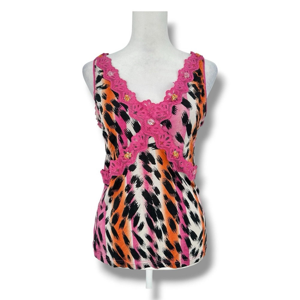 Y2K Lynn Ritchie Lace Sequin Beaded Babydoll Tank Top M Pink Coquette McBling